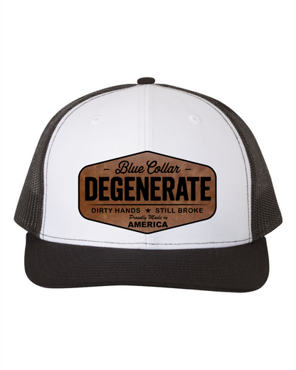 Richardson Blue Collar Degenerate Hat 112 Flat Bill Classic Snapback Closure Laser Engraved Leatherette Patch 60/40 Cotton Polyester