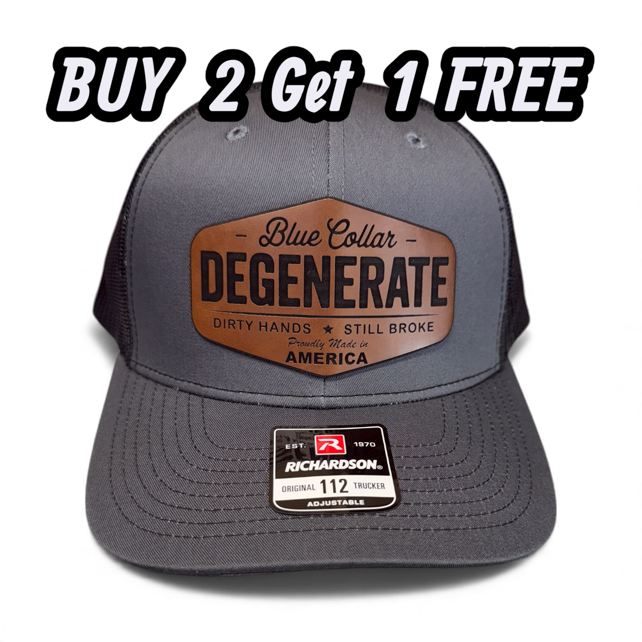 Richardson Blue Collar Degenerate Hat 112 Flat Bill Classic Snapback Closure Laser Engraved Leatherette Patch 60/40 Cotton Polyester