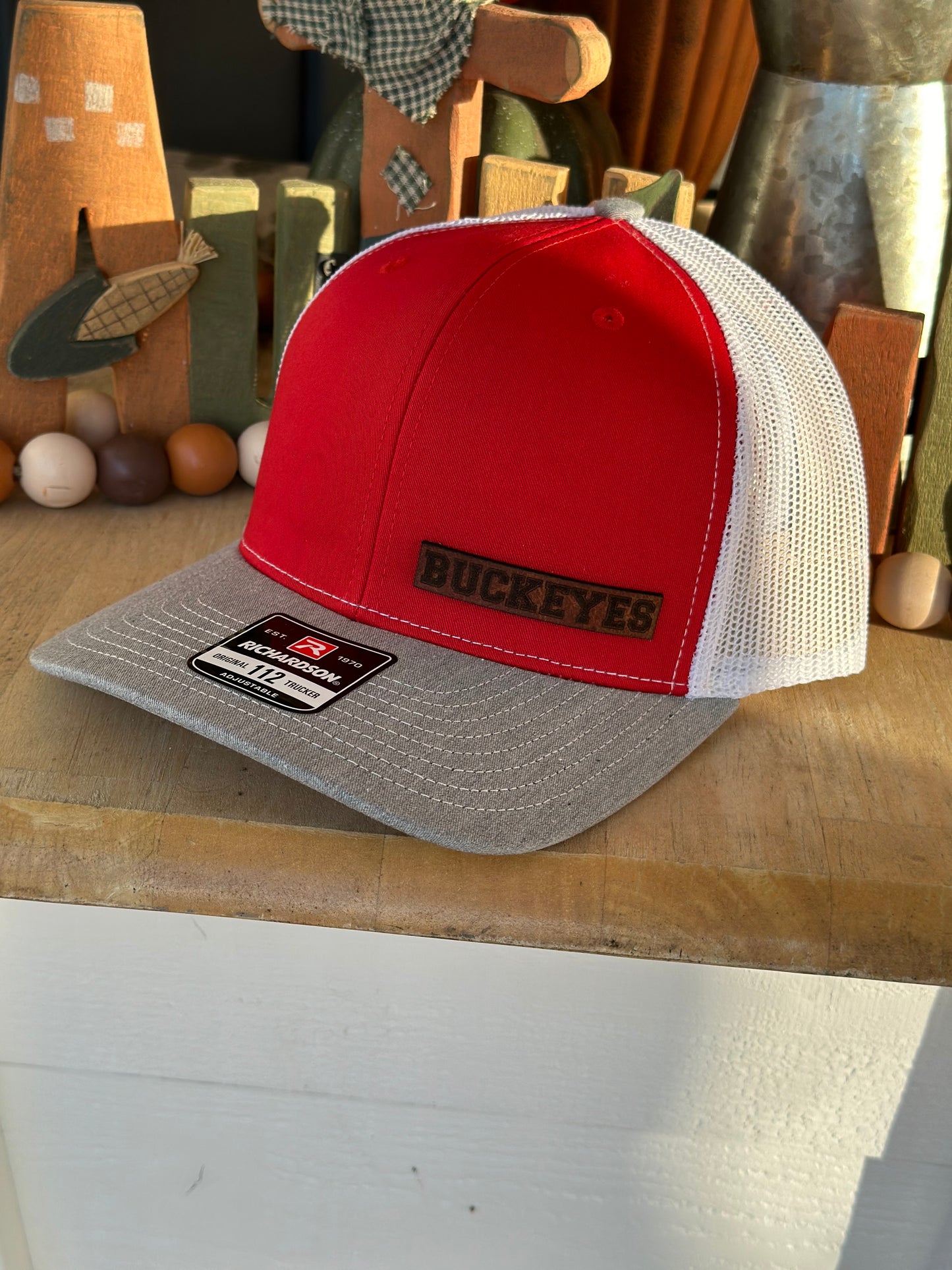 Ohio BUCKEYES Leather Patch Cap, Scarlet and Gray, Richardson 112, Richardson Hat, Ohio Hat, Ohio Dad Hat, Cap, Leather Richardson Hat 112,