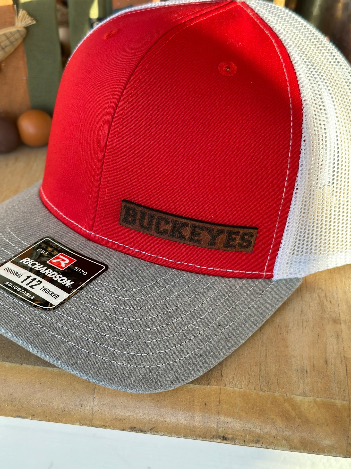 Ohio BUCKEYES Leather Patch Cap, Scarlet and Gray, Richardson 112, Richardson Hat, Ohio Hat, Ohio Dad Hat, Cap, Leather Richardson Hat 112,