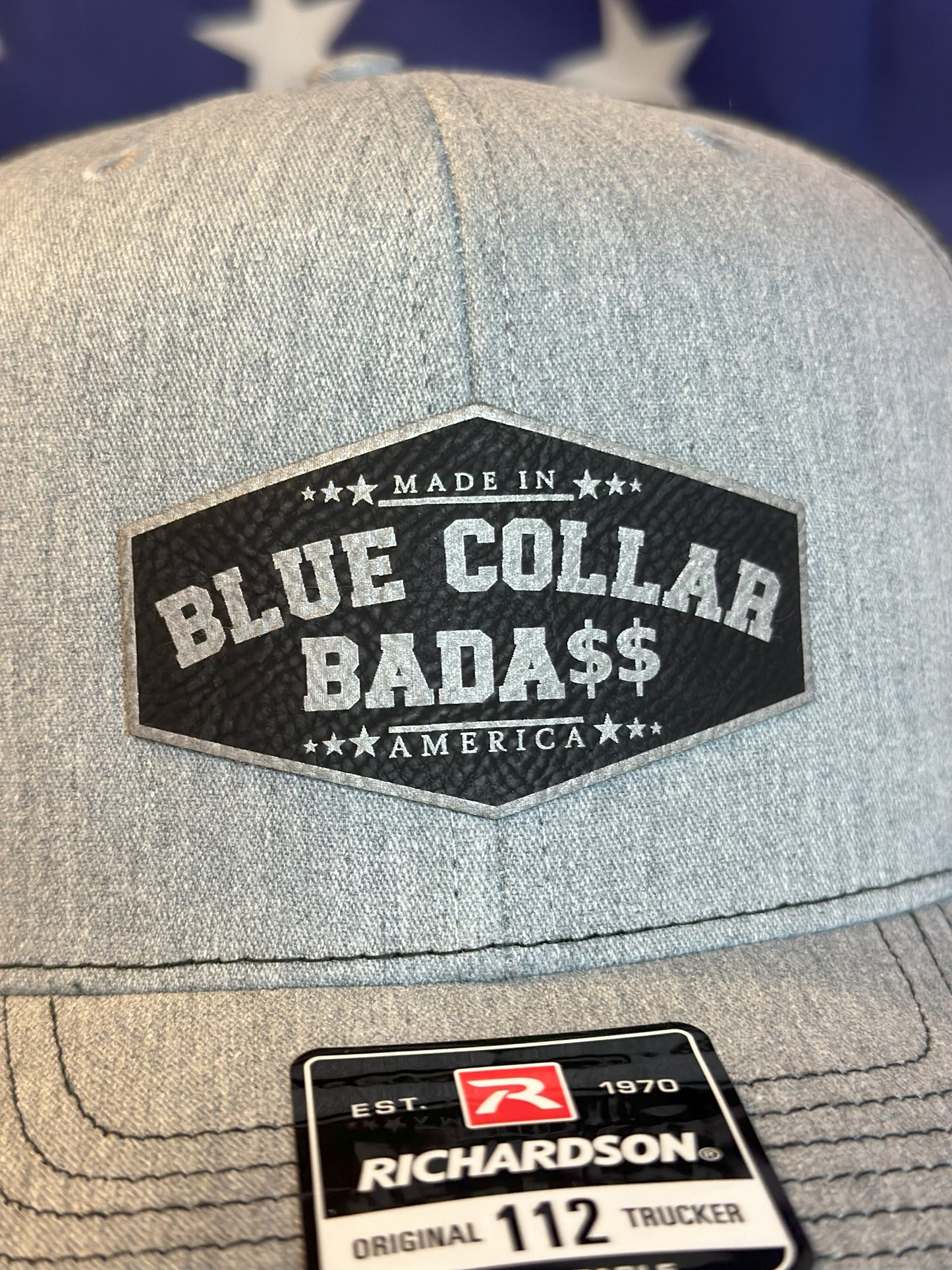 Blue Collar Bada$$ Patch Hat, Patriotic, Snapback, Richardson 112, Laser Engraved Leather, Gift for him or her
