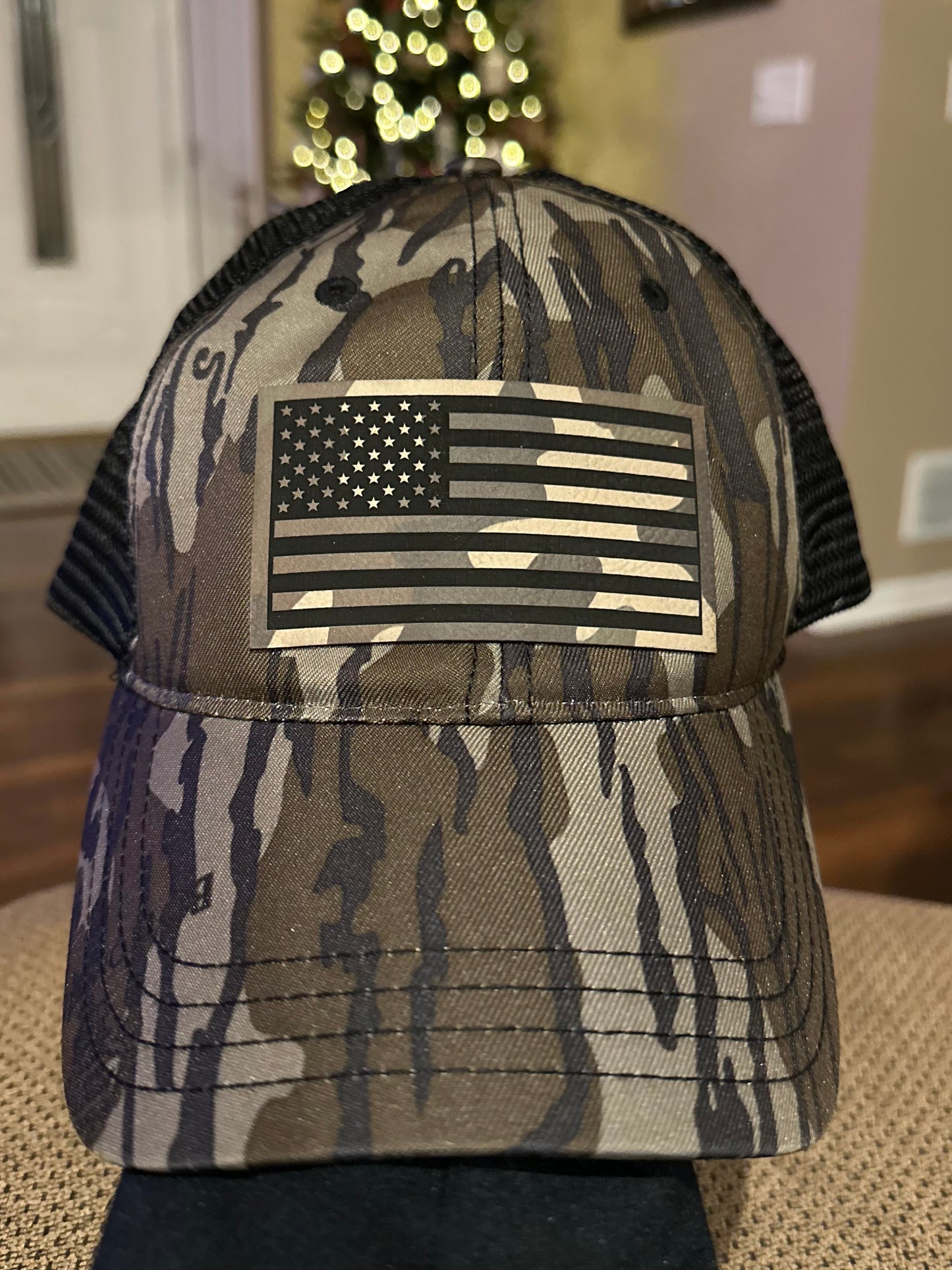 American Flag Leatherette Patch Hat, Patriotic, Snapback, Richardson 112, Laser Engraved Leather, Gift for him or her