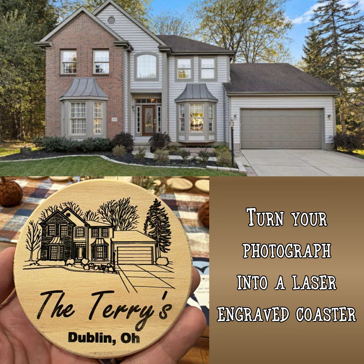 Custom Laser Engraved Coaster, 4" round, 4" square unfinished wood coasters