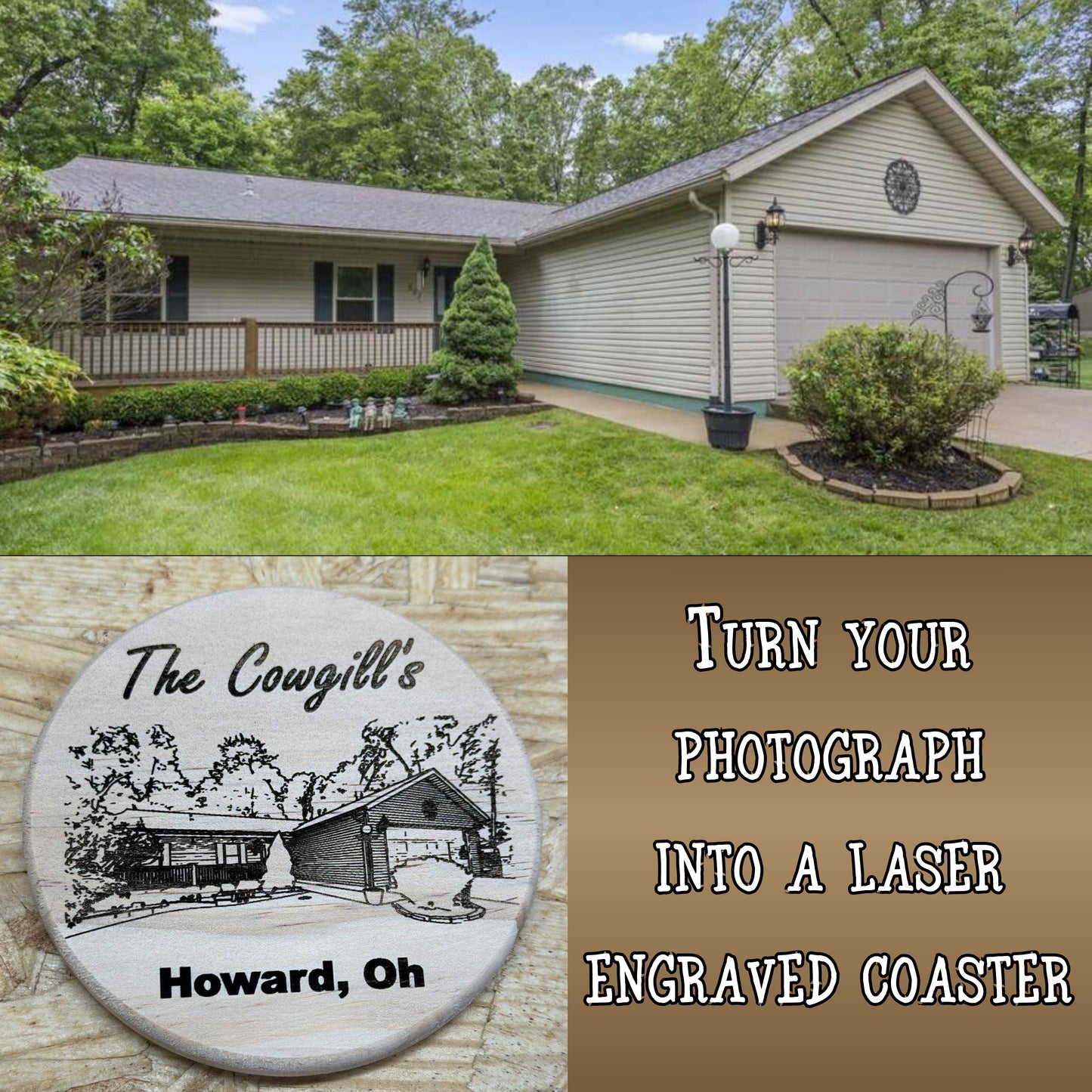 Custom Laser Engraved Coaster, 4" round, 4" square unfinished wood coasters