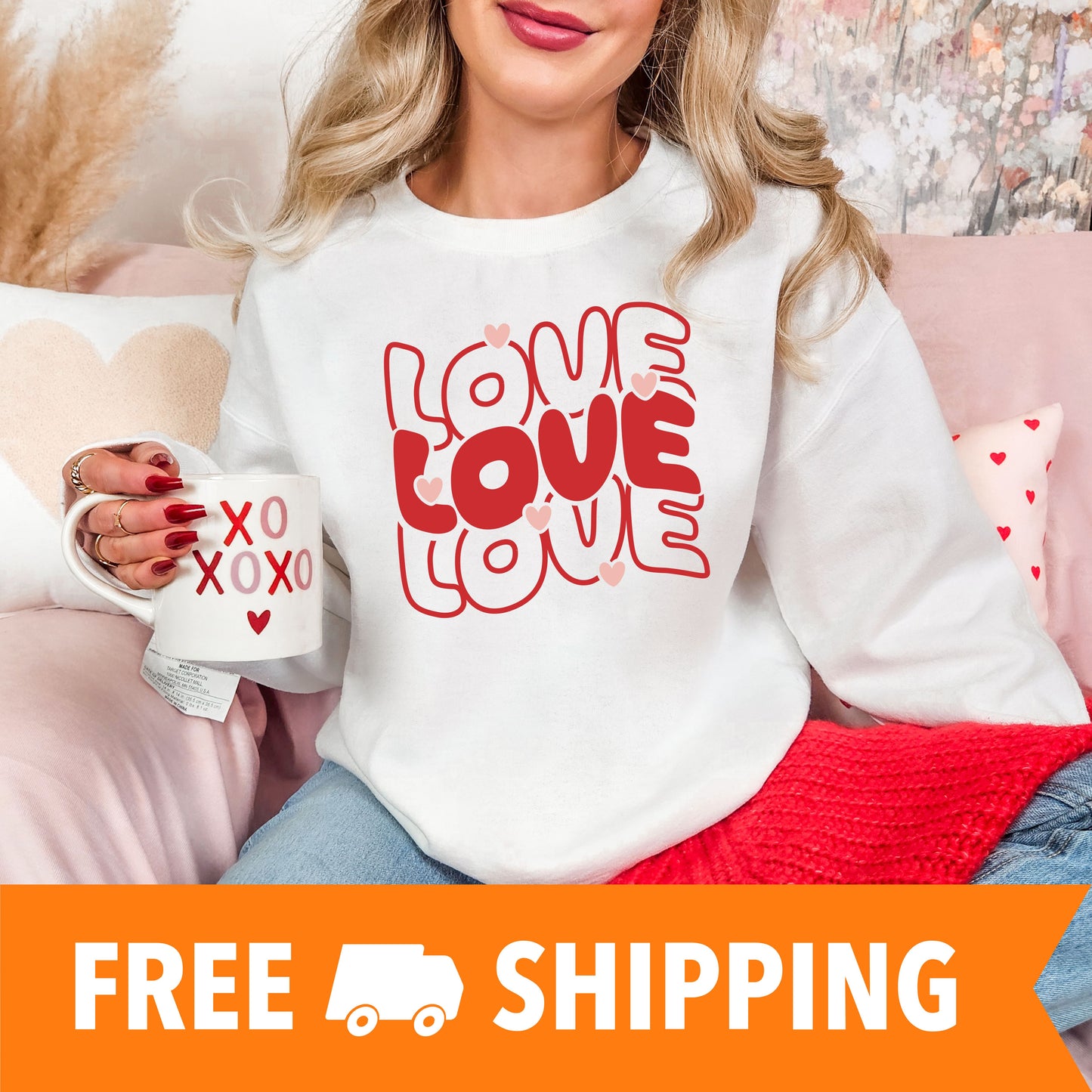 Love Love Love Valentines Day Sweatshirt, Valentine Shirts for women and girls, Valentines Day Gifts for Mom