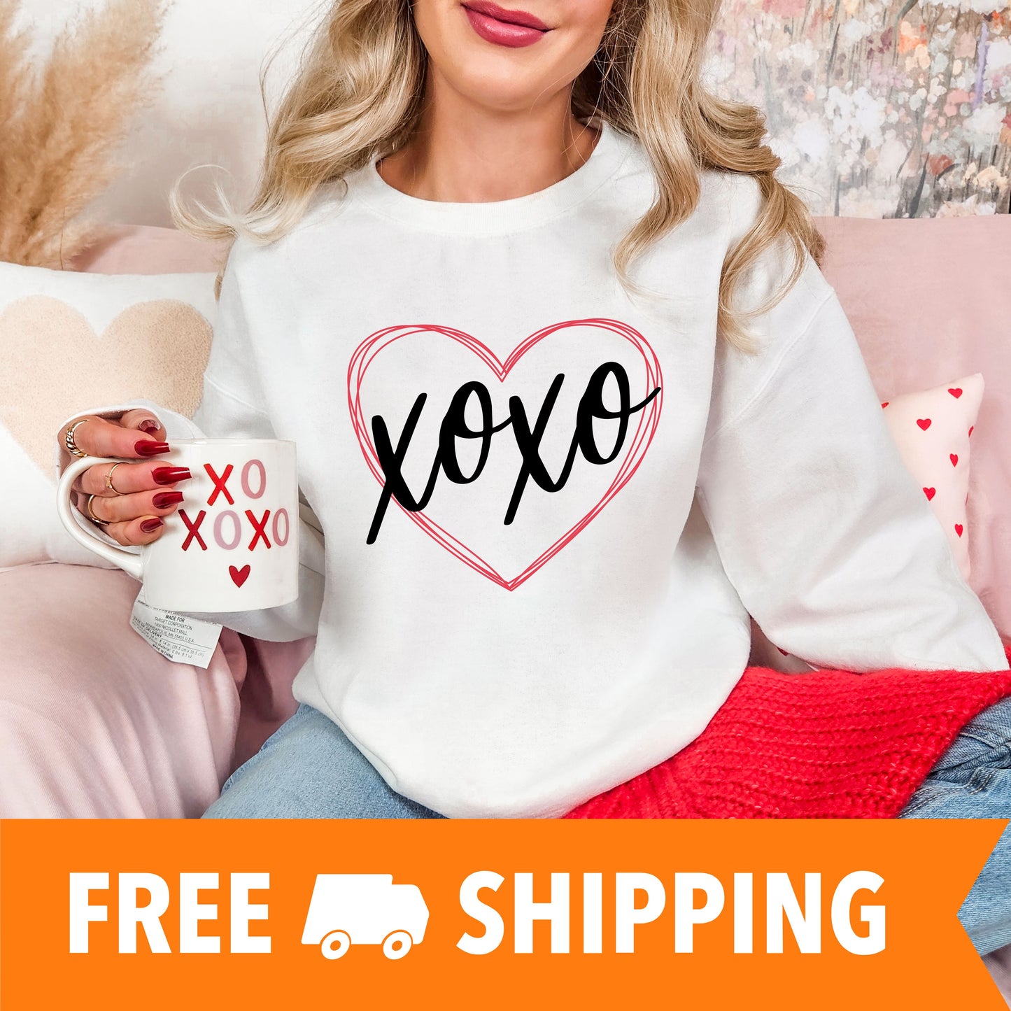 XOXO Heart Valentines Day Sweatshirt, Valentine Shirts for women and girls, Valentines Day Gifts for Mom