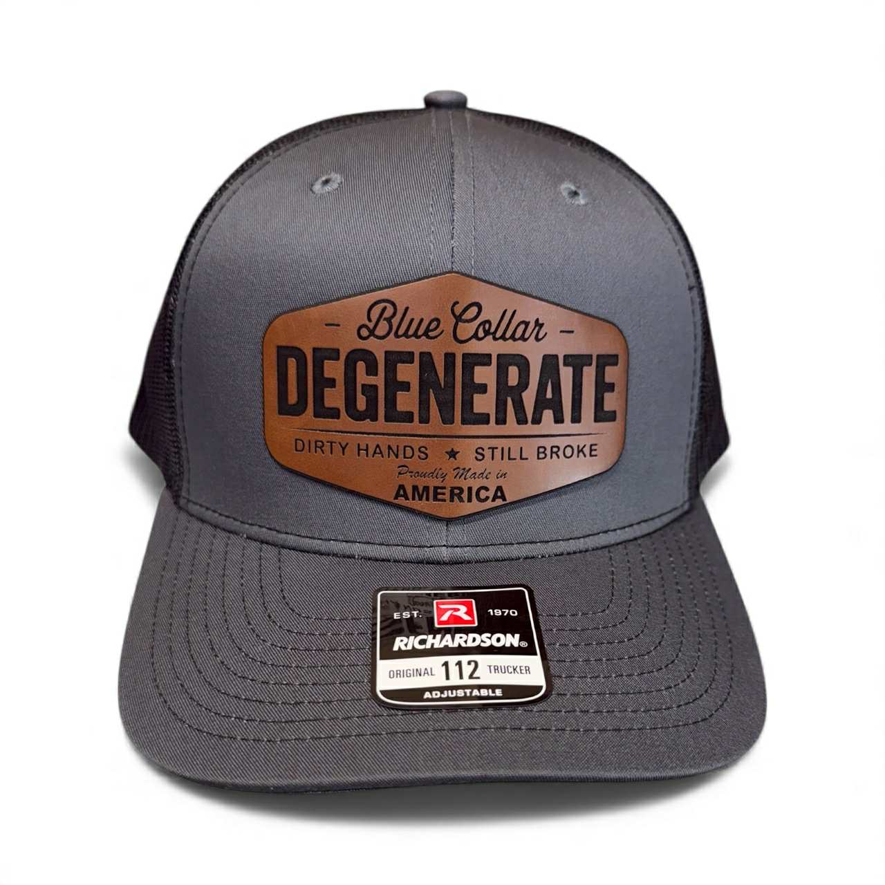Richardson Blue Collar Degenerate Hat 112 Flat Bill Classic Snapback Closure Laser Engraved Leatherette Patch 60/40 Cotton Polyester