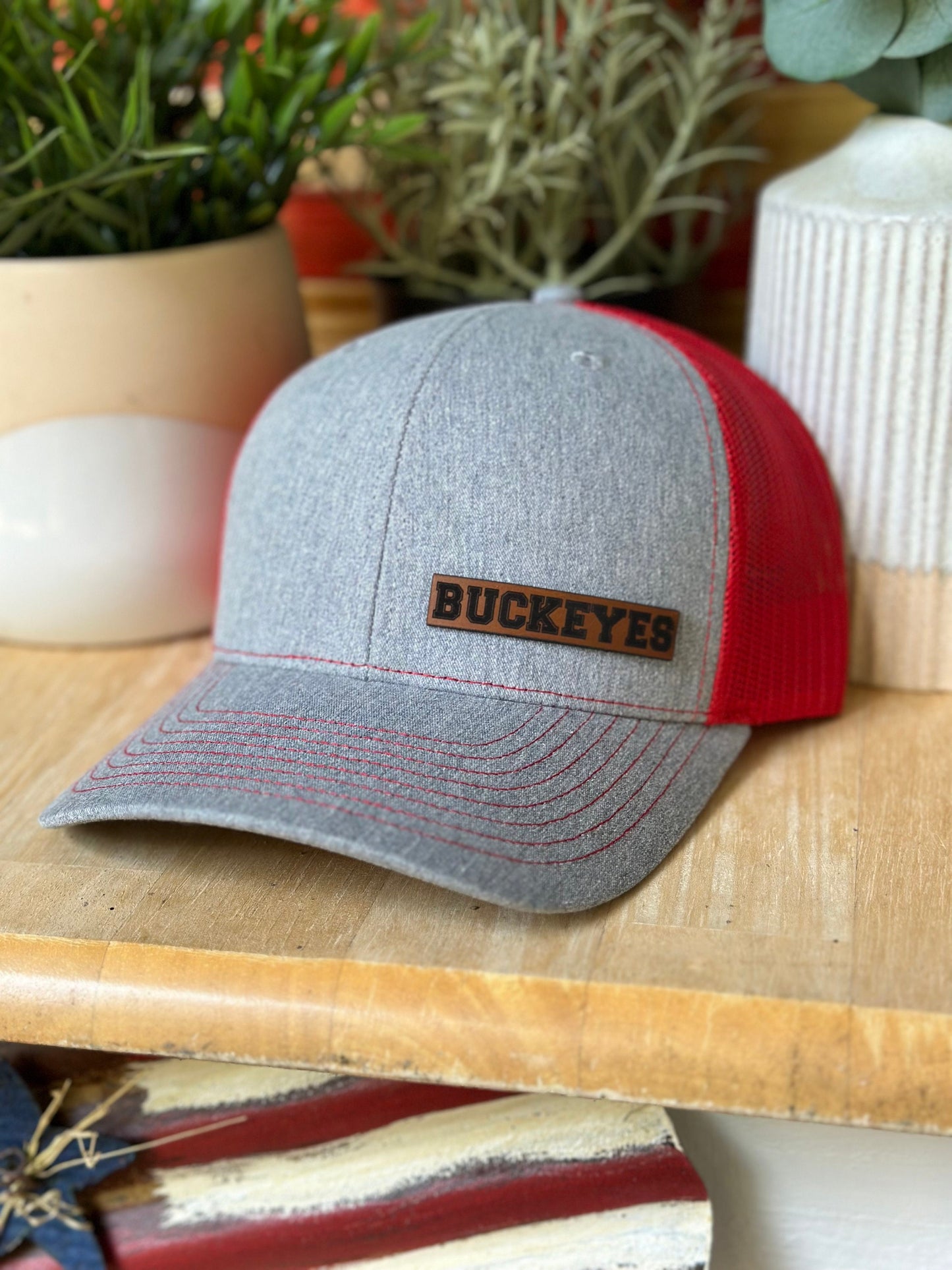 Ohio BUCKEYES Leather Patch Cap, Scarlet and Gray, Richardson 112, Richardson Hat, Ohio Hat, Ohio Dad Hat, Cap, Leather Richardson Hat 112,