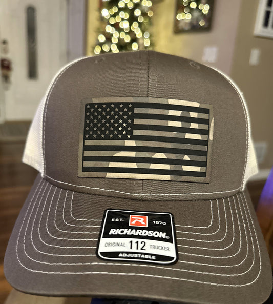 American Flag Leatherette Patch Hat, Patriotic, Snapback, Richardson 112, Laser Engraved Leather, Gift for him or her